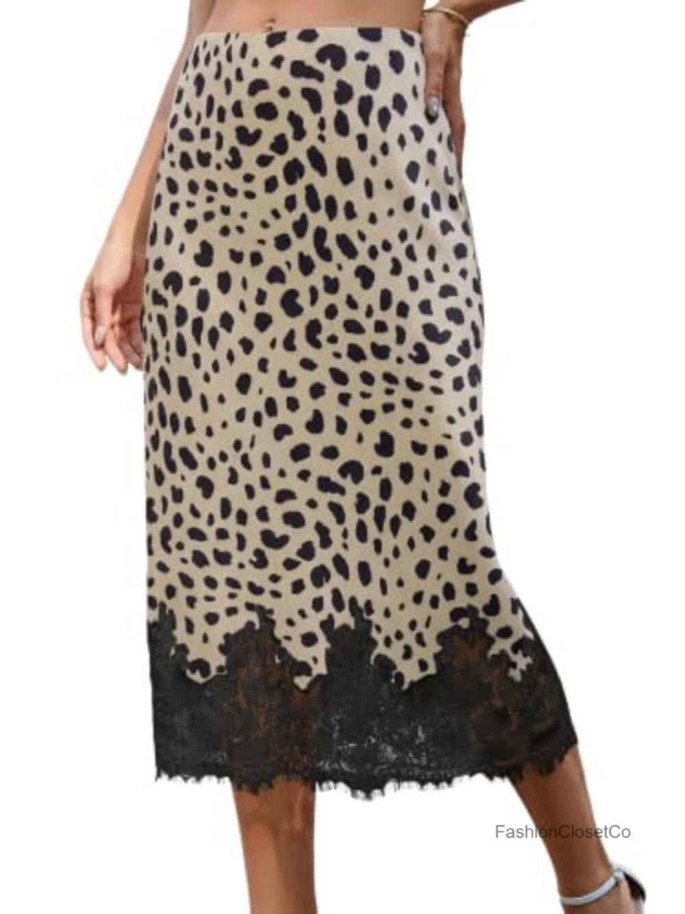 Satin Midi Skirt Elastic Waist Lace Trim A-Line Womens